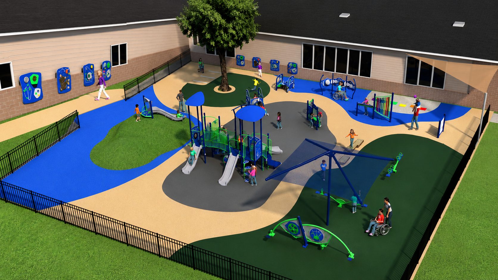 Aerial design rendering of the two specially designed, therapeutic playgrounds