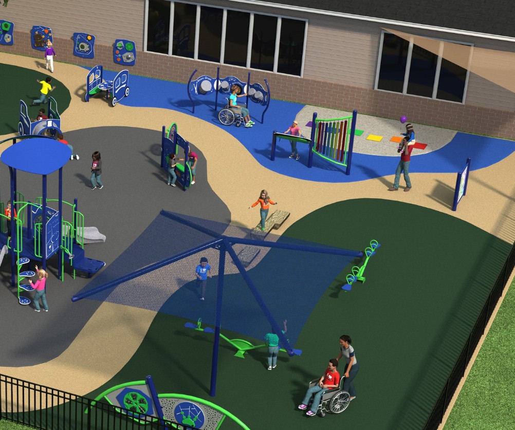 Aerial design rendering of the two inclusive, therapeutic playgrounds